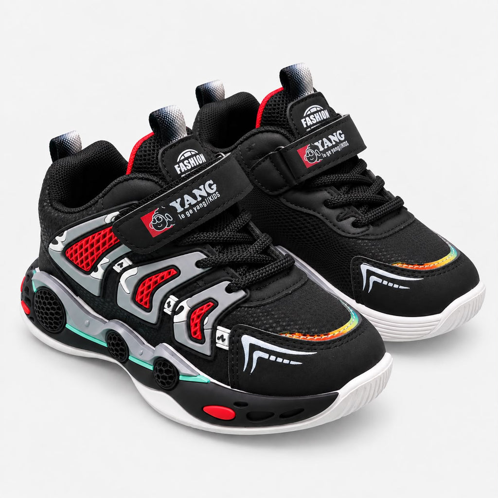 Kids Sneakers – Premium Black & Red Performance Shoes with Luxury Comfort & Signature Sport Design