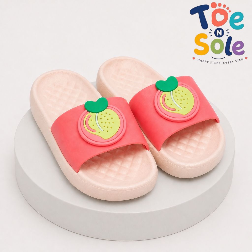 Kids Fruit Theme Soft Cushion Slides – Orange, Pineapple & Peach Summer Slippers for Boys & Girls