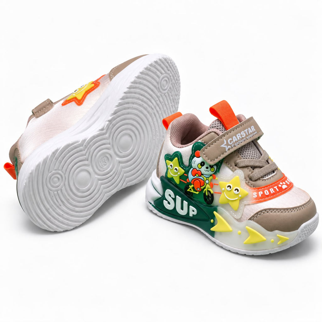 Kids Casual Sports Sneakers – beige and green Lightweight Fashion Sneakers with Adjustable Strap, Cute Cartoon Star Design, Comfortable Everyday Walking & Play Shoes