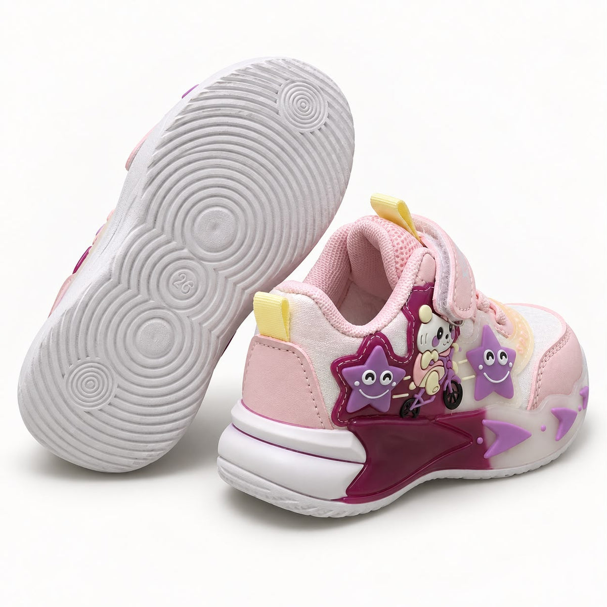 Girls Kids Casual Sports Sneakers – Pink & White Lightweight Fashion Sneakers with Adjustable Strap, Cute Cartoon Star Design, Comfortable Everyday Walking & Play Shoes
