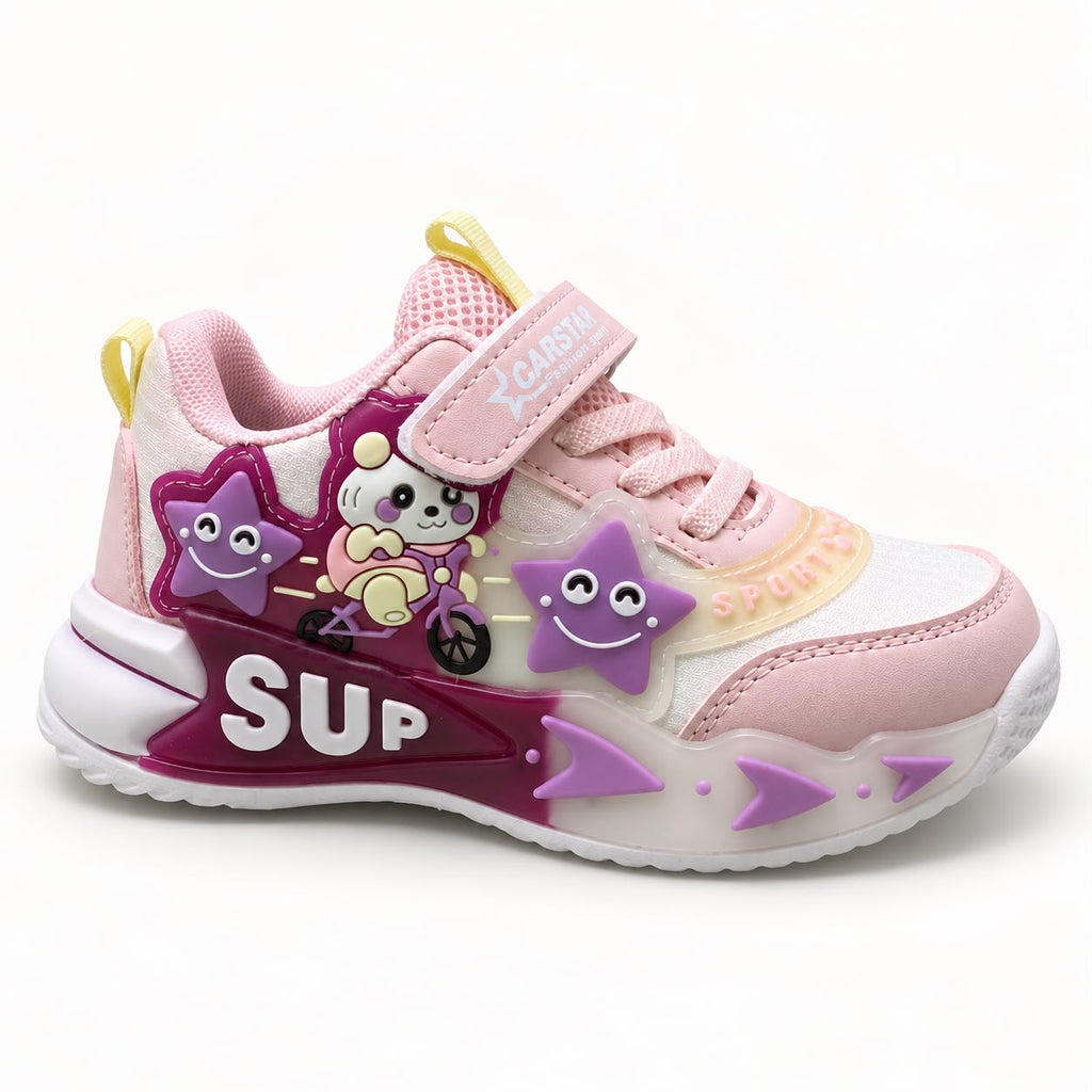 Girls Kids Casual Sports Sneakers – Pink & White Lightweight Fashion Sneakers with Adjustable Strap, Cute Cartoon Star Design, Comfortable Everyday Walking & Play Shoes