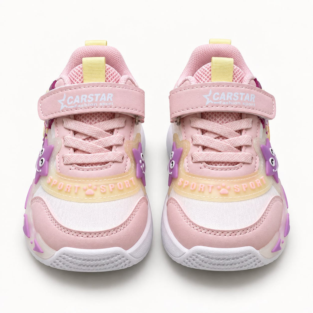 Girls Kids Casual Sports Sneakers – Pink & White Lightweight Fashion Sneakers with Adjustable Strap, Cute Cartoon Star Design, Comfortable Everyday Walking & Play Shoes