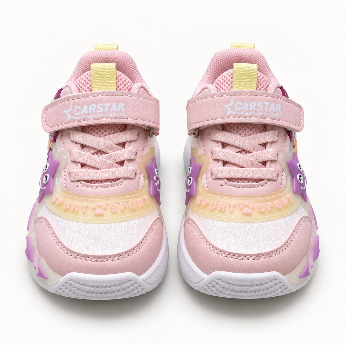 Girls Kids Casual Sports Sneakers – Pink & White Lightweight Fashion Sneakers with Adjustable Strap, Cute Cartoon Star Design, Comfortable Everyday Walking & Play Shoes