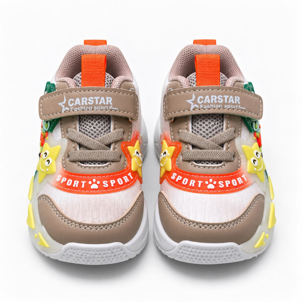 Kids Casual Sports Sneakers – beige and green Lightweight Fashion Sneakers with Adjustable Strap, Cute Cartoon Star Design, Comfortable Everyday Walking & Play Shoes