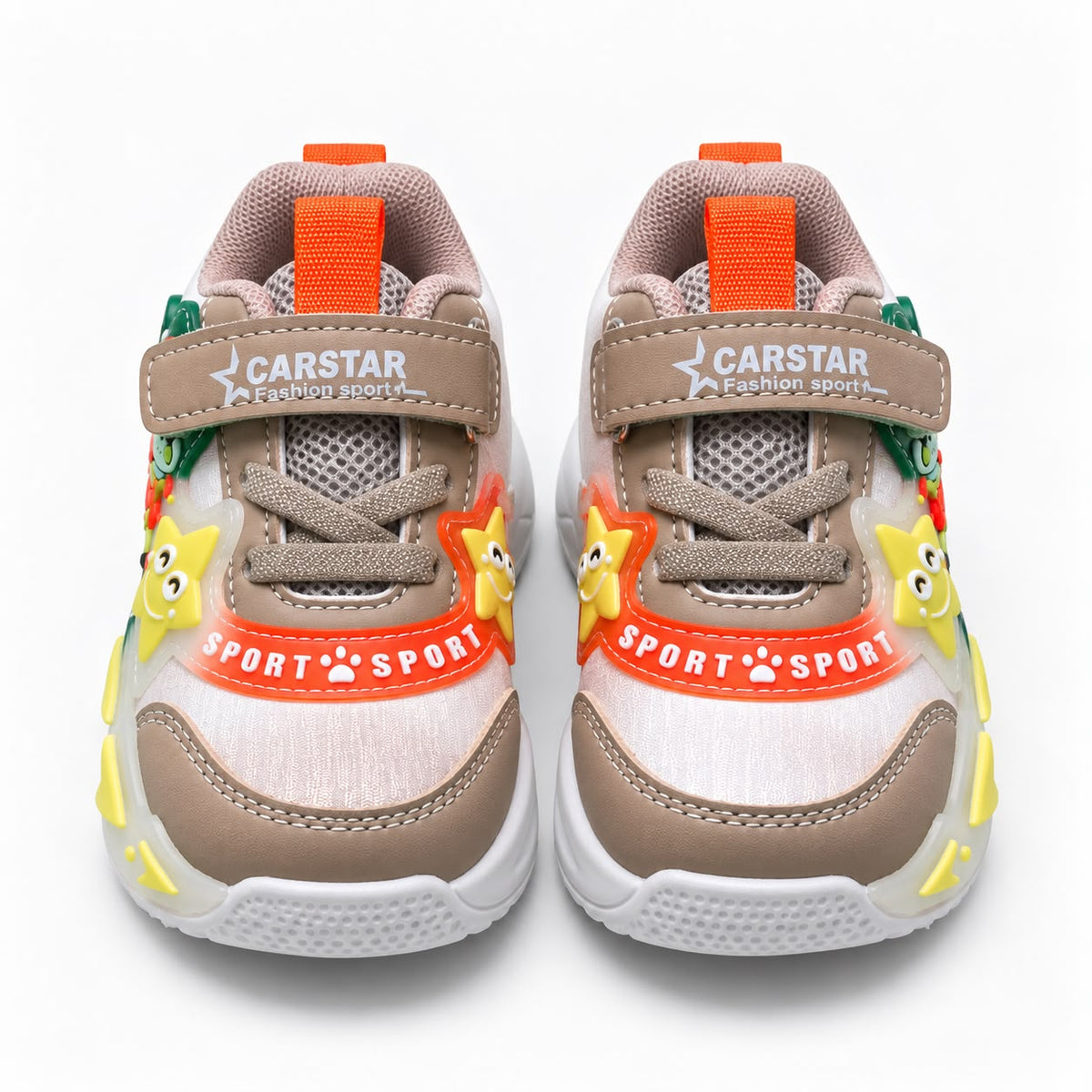 Kids Casual Sports Sneakers – beige and green Lightweight Fashion Sneakers with Adjustable Strap, Cute Cartoon Star Design, Comfortable Everyday Walking & Play Shoes