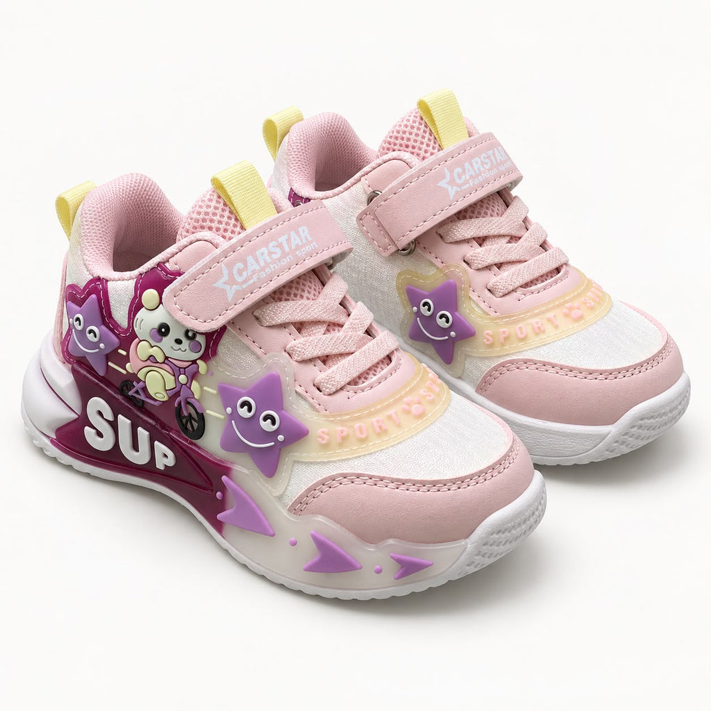 Girls Kids Casual Sports Sneakers – Pink & White Lightweight Fashion Sneakers with Adjustable Strap, Cute Cartoon Star Design, Comfortable Everyday Walking & Play Shoes