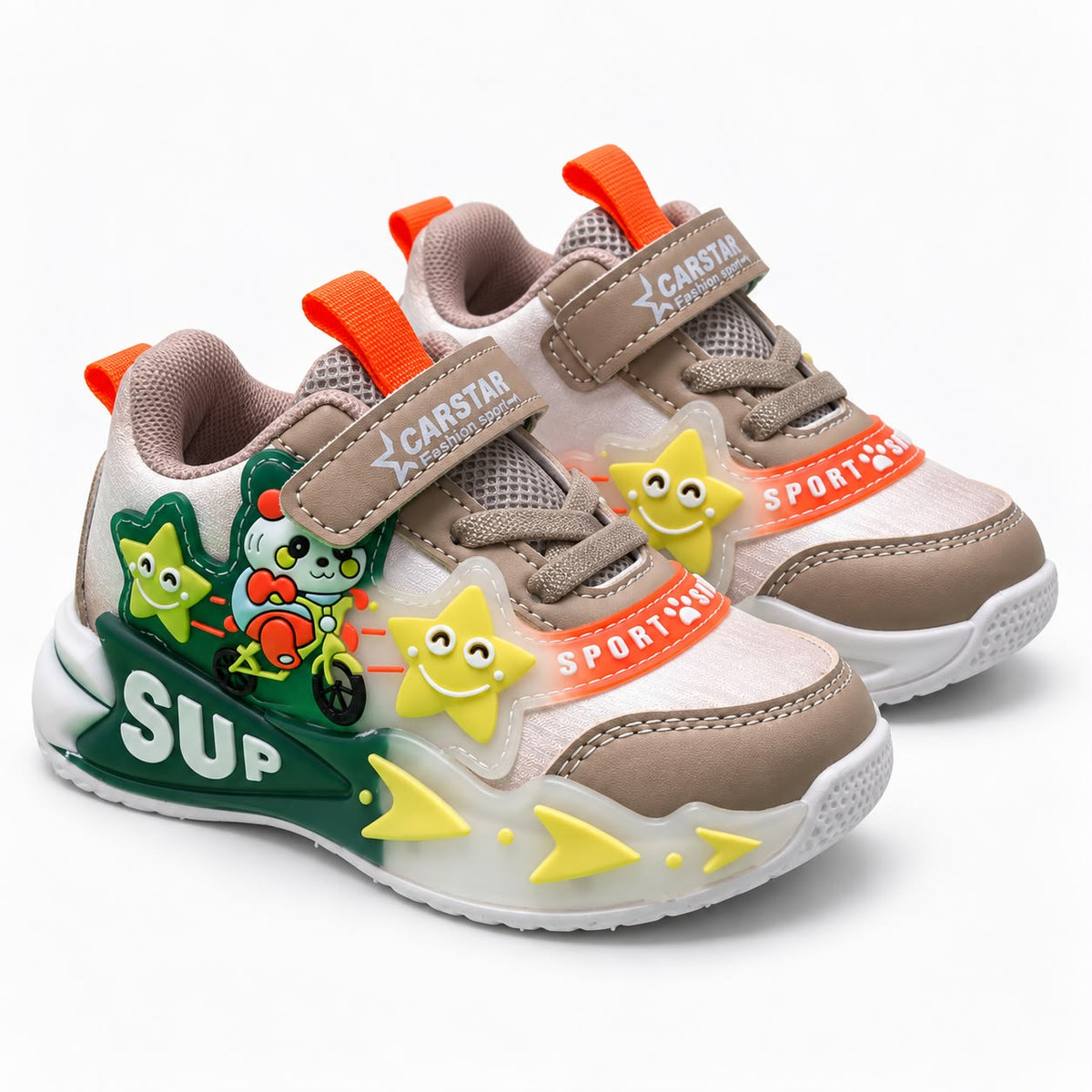 Kids Casual Sports Sneakers – beige and green Lightweight Fashion Sneakers with Adjustable Strap, Cute Cartoon Star Design, Comfortable Everyday Walking & Play Shoes