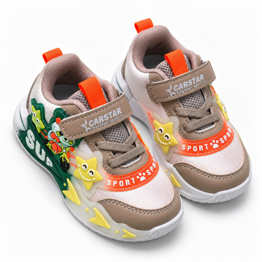 Kids Casual Sports Sneakers – beige and green Lightweight Fashion Sneakers with Adjustable Strap, Cute Cartoon Star Design, Comfortable Everyday Walking & Play Shoes