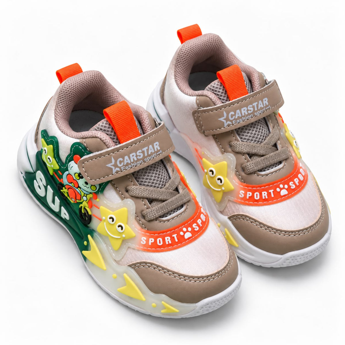 Kids Casual Sports Sneakers – beige and green Lightweight Fashion Sneakers with Adjustable Strap, Cute Cartoon Star Design, Comfortable Everyday Walking & Play Shoes